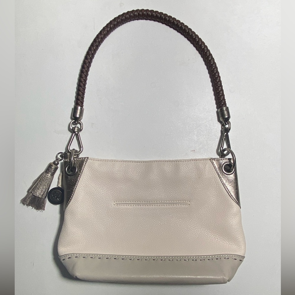 The Sak Leather Navajo White Boho Shoulder Bag Platinum Metallic Leather Trim
